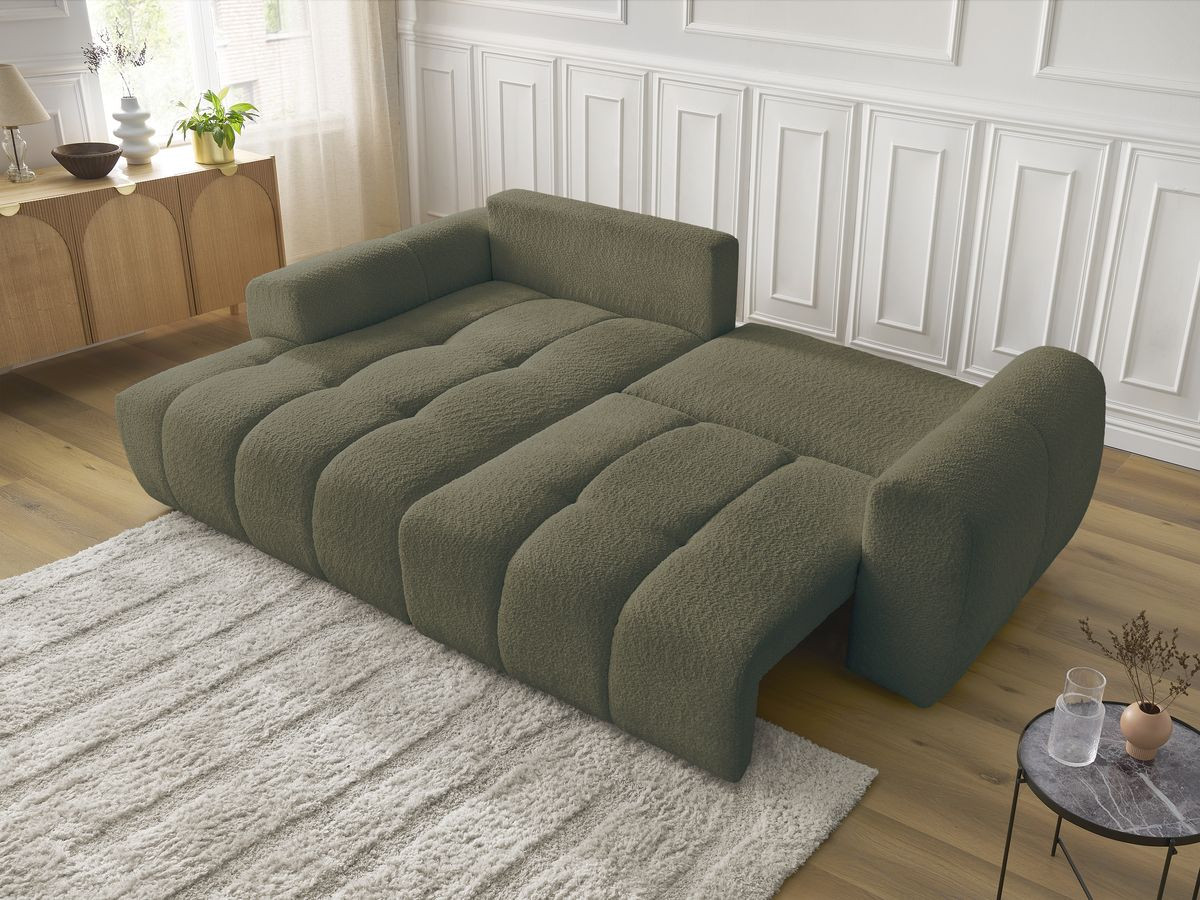 Bobochic Roxelane Ecksofa mit Schlaffunktion und Bettkasten 258 × 150 cm Bouclé-Stoff Grün Ecke links