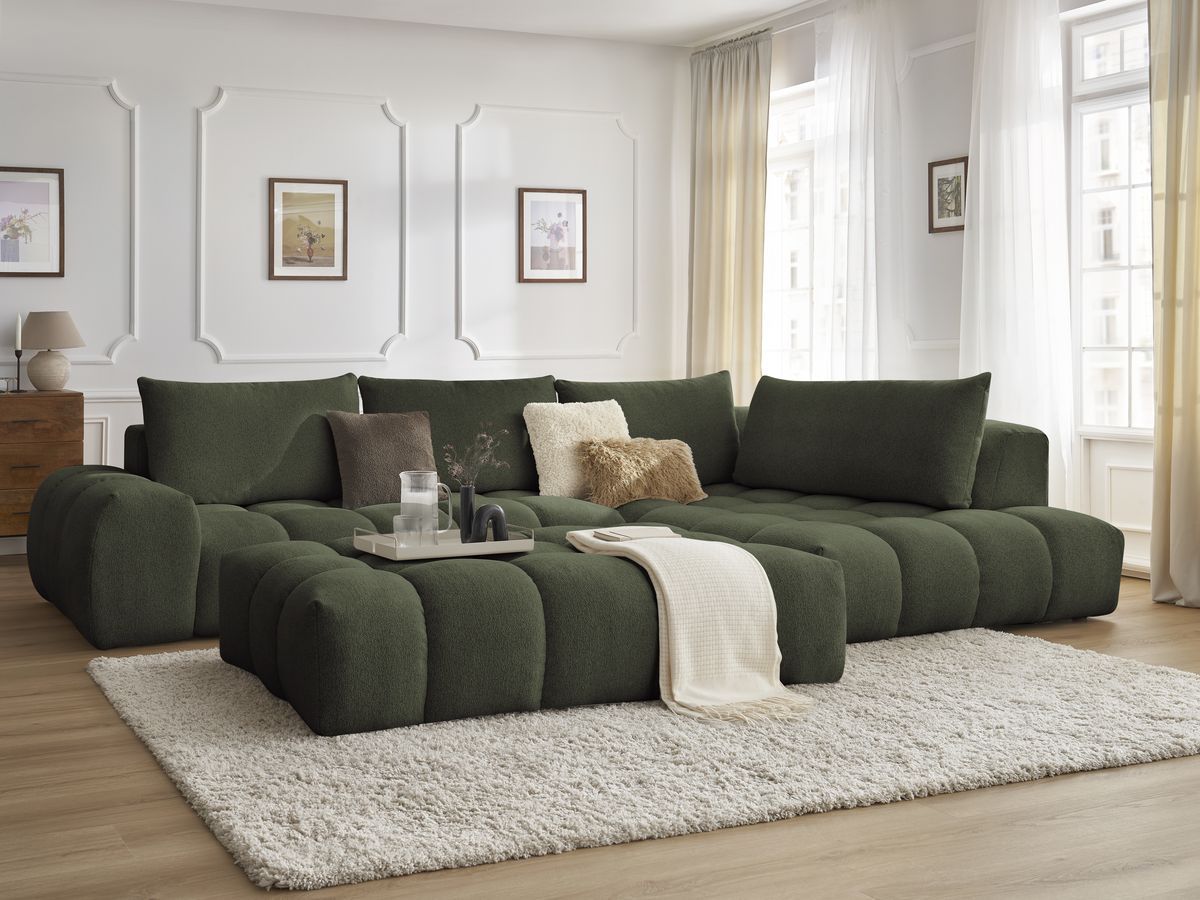 Bobochic Everest Ecksofa mit Schlaffunktion und Pouf, 4 Kissen Melange-Stoff Grün Ecke rechts