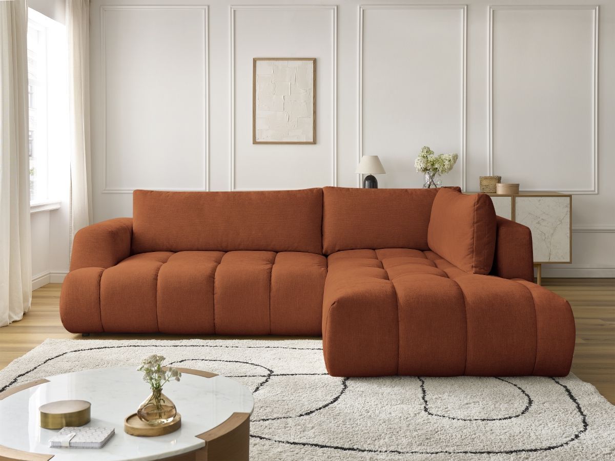 Bobochic Fuji Ecksofa mit Schlaffunktion und Bettkasten 282 × 204 cm Stoff Orange Ecke rechts
