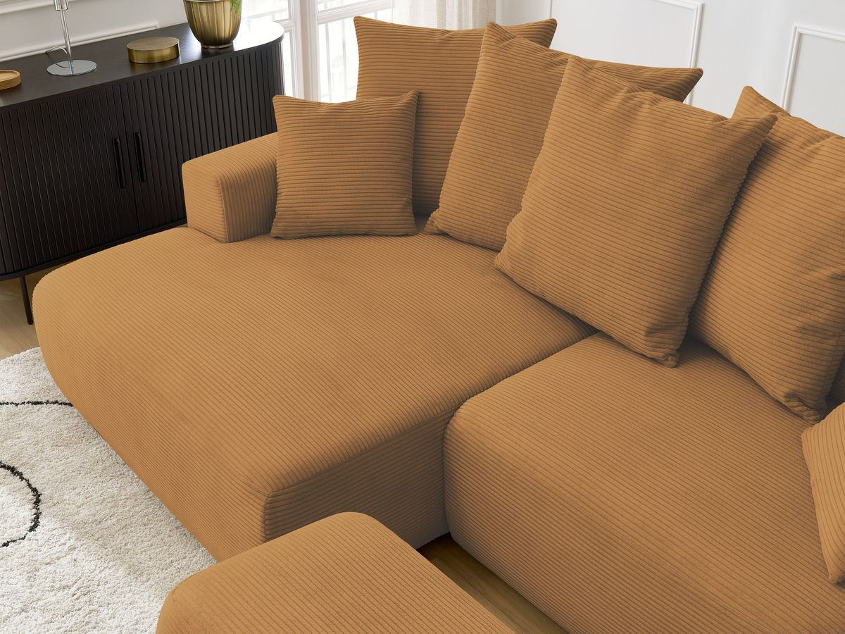 Bobochic Atilla Ecksofa mit Schlaffunktion und Bettkasten und Pouf Cordsamt Gelb Ecke links
