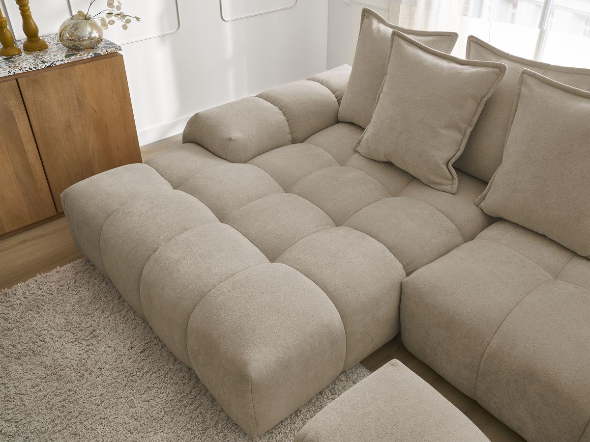 Bobochic Everest Ecksofa mit Schlaffunktion und Bettkasten und Pouf 318 × 180 cm, 7 Kissen Strukturstoff Taupe Ecke links