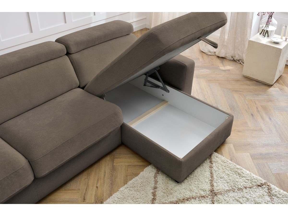 Bobochic Monaco Ecksofa mit Schlaffunktion und Bettkasten Stoff Braun, Liegefläche 160 × 190 cm