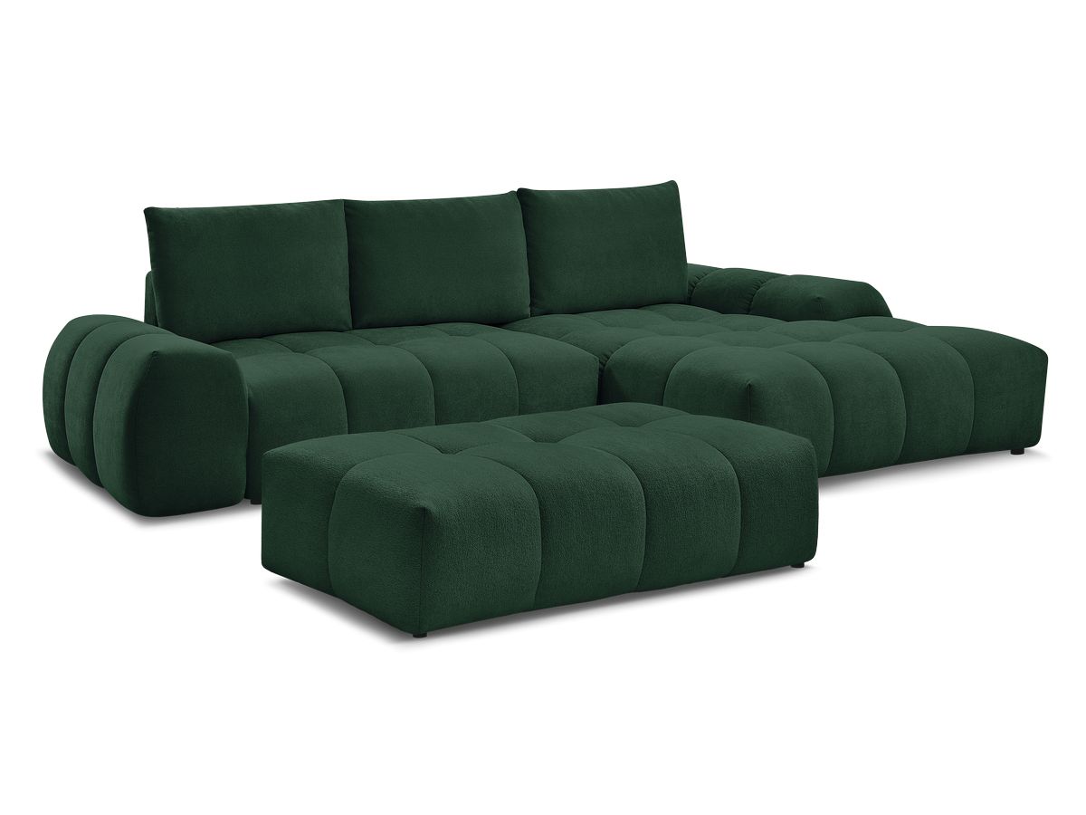 Bobochic Everest Ecksofa mit Schlaffunktion und Bettkasten und Pouf 318 × 180 cm, 3 Kissen Strukturstoff Grün Ecke rechts