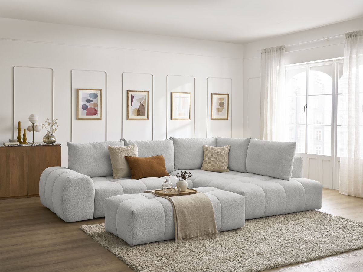 Bobochic Everest Ecksofa mit Schlaffunktion und Bettkasten und Pouf 320 × 212 cm, 5 Kissen Melange-Stoff Hellgrau Ecke rechts