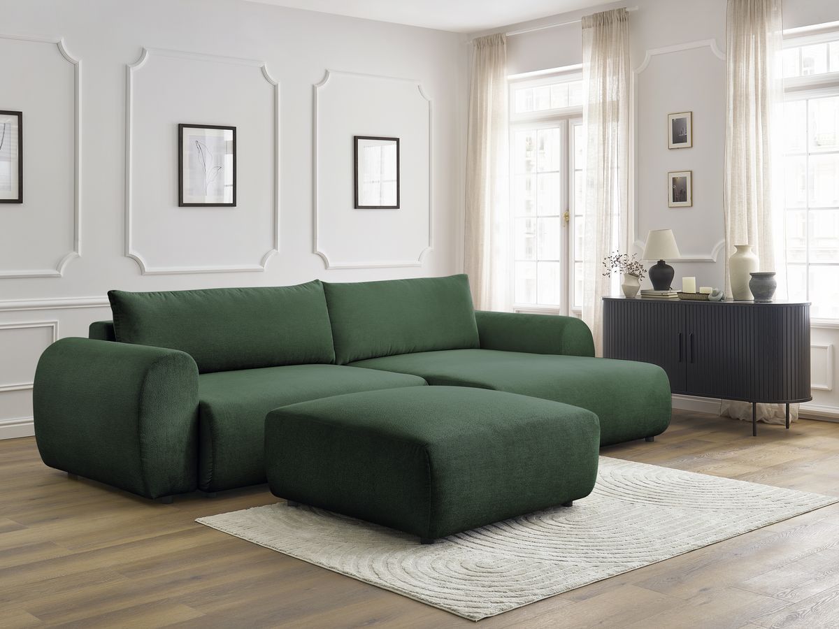 Bobochic Lucien Ecksofa mit Schlaffunktion und Bettkasten und Pouf 314 × 167 cm Stoff Grün Ecke rechts