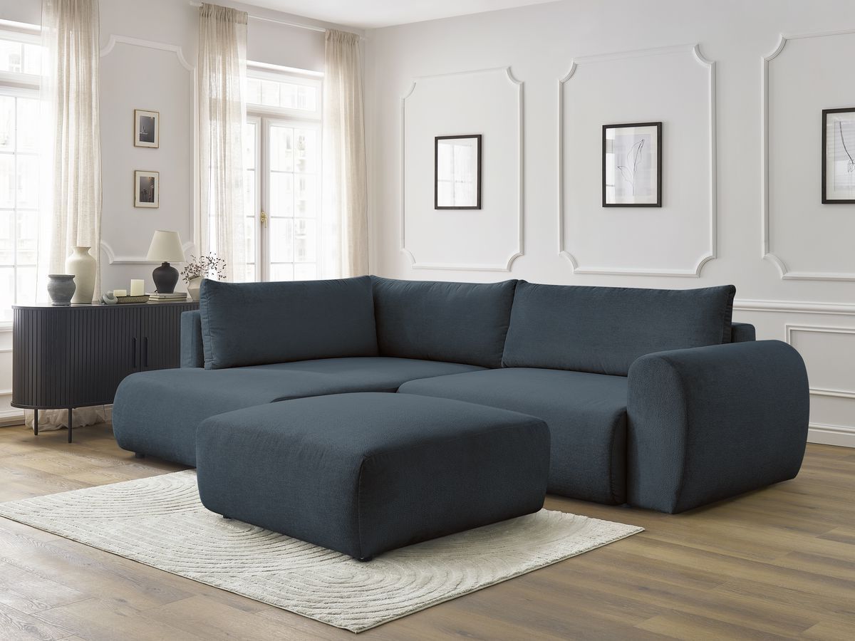 Bobochic Lucien Ecksofa mit Schlaffunktion und Bettkasten und Pouf 296 × 198 cm Stoff Dunkelblau Ecke links