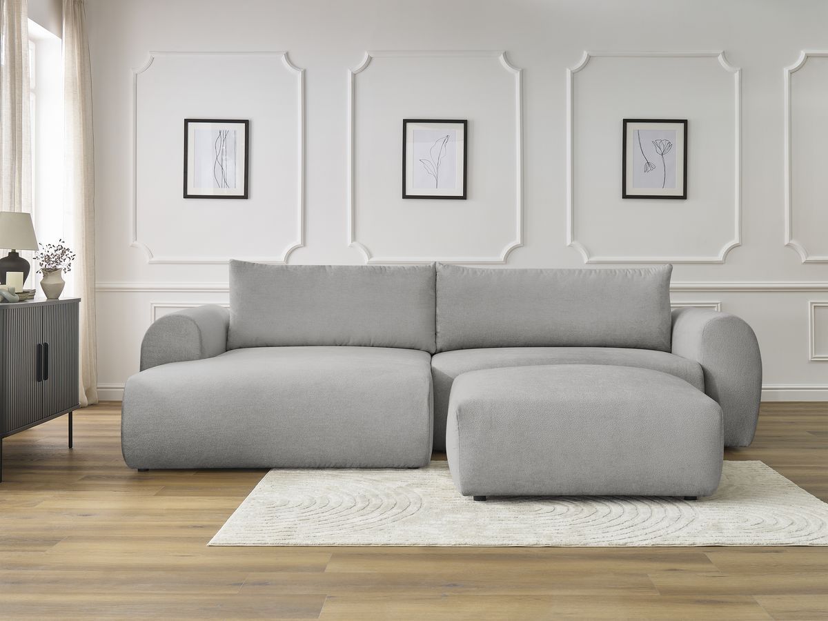 Bobochic Lucien Ecksofa mit Schlaffunktion und Bettkasten und Pouf 314 × 167 cm Stoff Hellgrau Ecke links