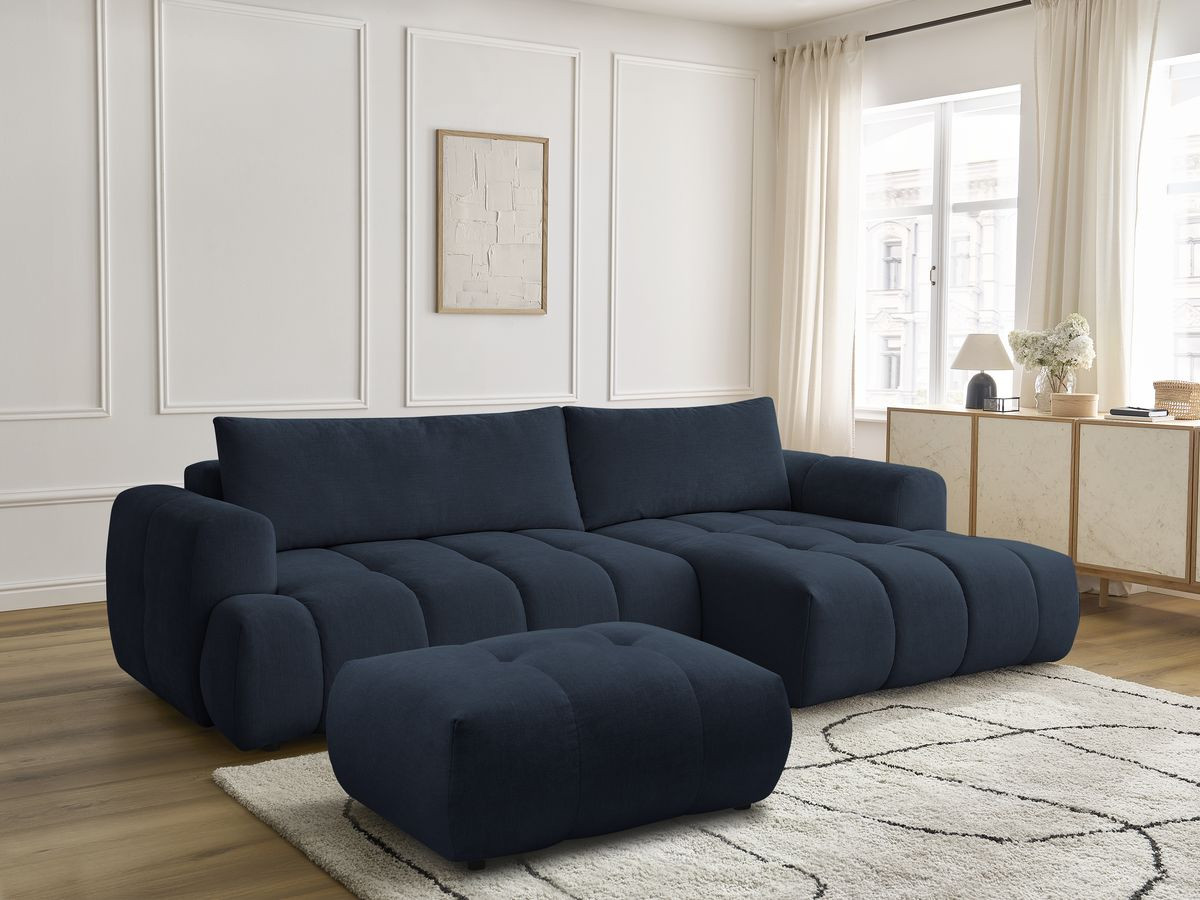 Bobochic Fuji Ecksofa mit Schlaffunktion und Bettkasten und Pouf 292 × 160 cm Stoff Dunkelblau Ecke rechts