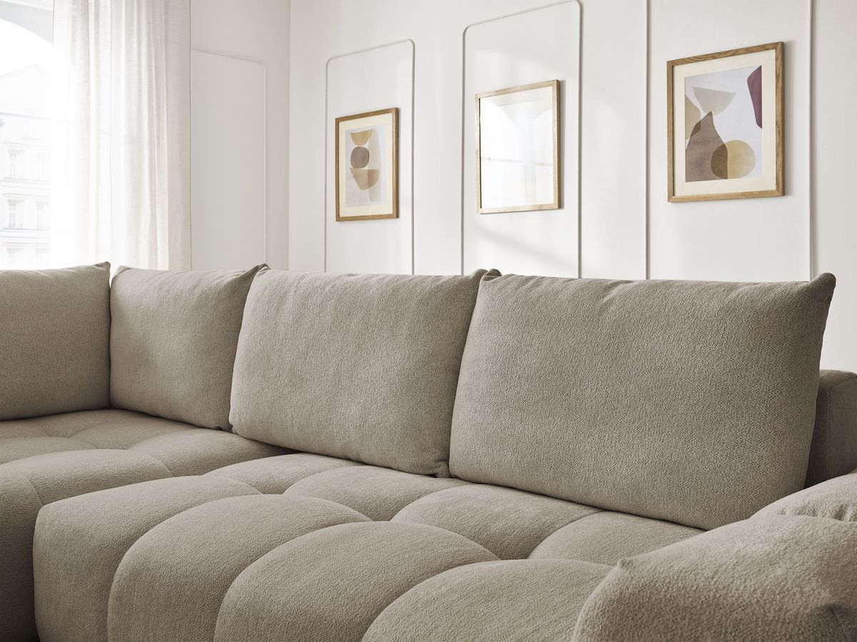 Bobochic Everest Ecksofa mit Schlaffunktion und Bettkasten 320 × 212 cm, 5 Kissen Melange-Stoff Taupe Ecke links