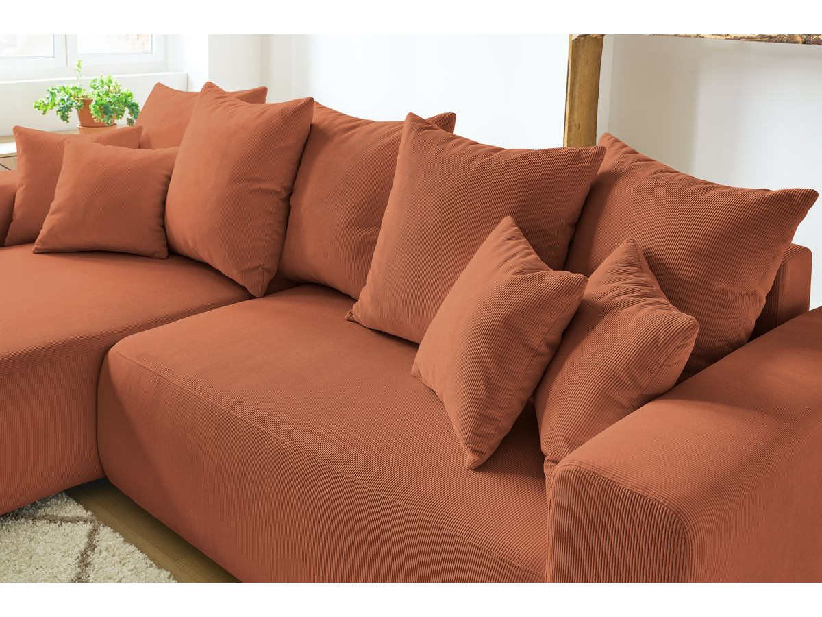 Bobochic Envy Ecksofa mit Schlaffunktion und Bettkasten und Pouf Cordsamt Orange