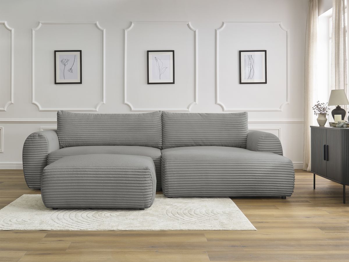 Bobochic Lucien Ecksofa mit Schlaffunktion und Bettkasten und Pouf 314 × 167 cm Breitcord weich Dunkelgrau Ecke rechts