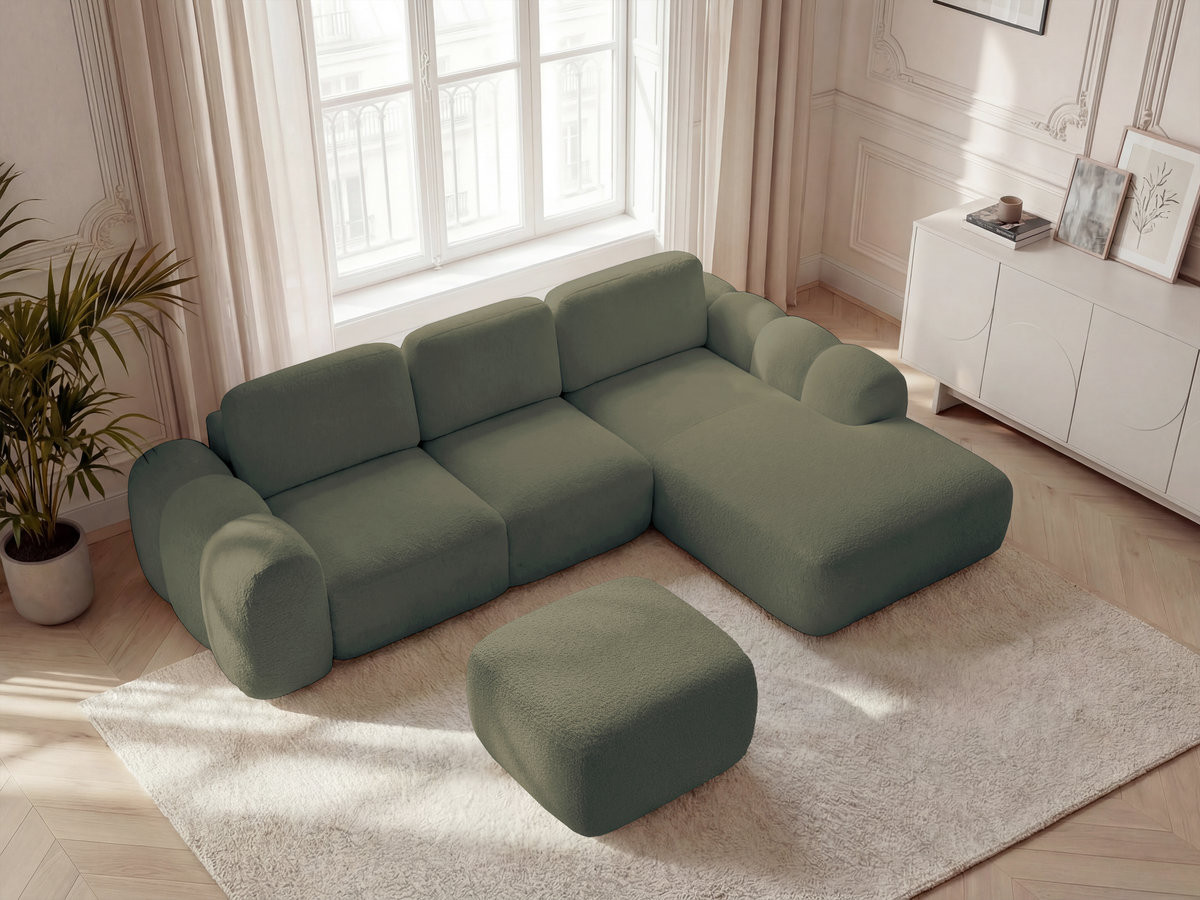 Bobochic Montaigne Ecksofa mit Schlaffunktion und Bettkasten und Pouf 288 × 196 cm Bouclé-Stoff Grün Ecke rechts