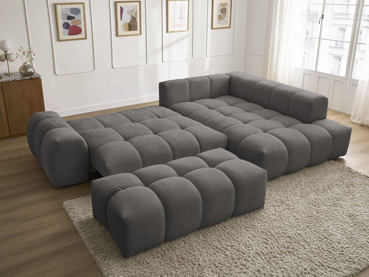 Bobochic Everest Ecksofa mit Schlaffunktion und Bettkasten und Pouf 320 × 212 cm, 10 Kissen Strukturstoff Dunkelgrau Ecke rechts