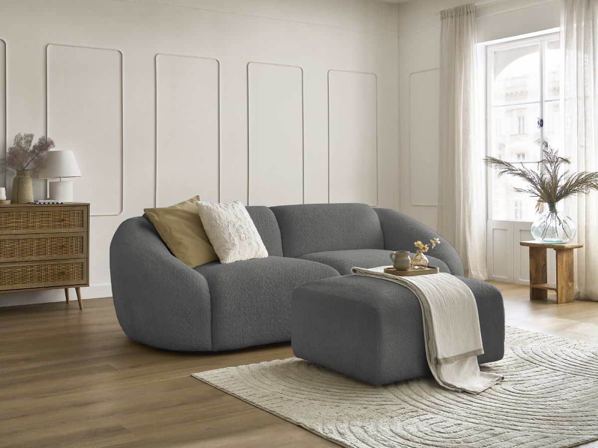 Bobochic Tina Sofa 4-Sitzer mit Pouf Bouclé-Stoff Dunkelgrau