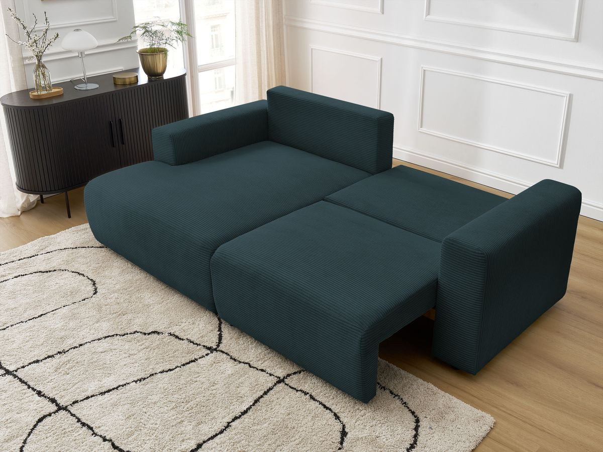 Bobochic Atilla Ecksofa mit Schlaffunktion und Bettkasten Cordsamt Dunkelblau Ecke links