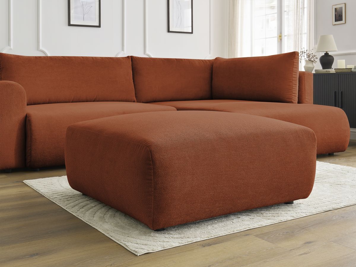 Bobochic Lucien Ecksofa mit Schlaffunktion und Bettkasten und Pouf 296 × 198 cm Stoff Orange Ecke rechts