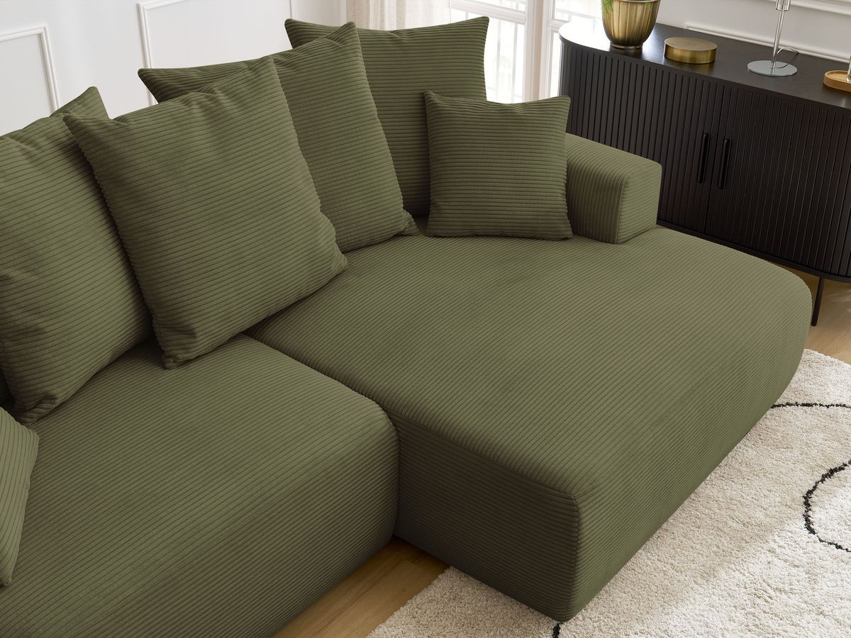 Bobochic Atilla Ecksofa mit Schlaffunktion und Bettkasten Cordsamt Hellgrün Ecke rechts