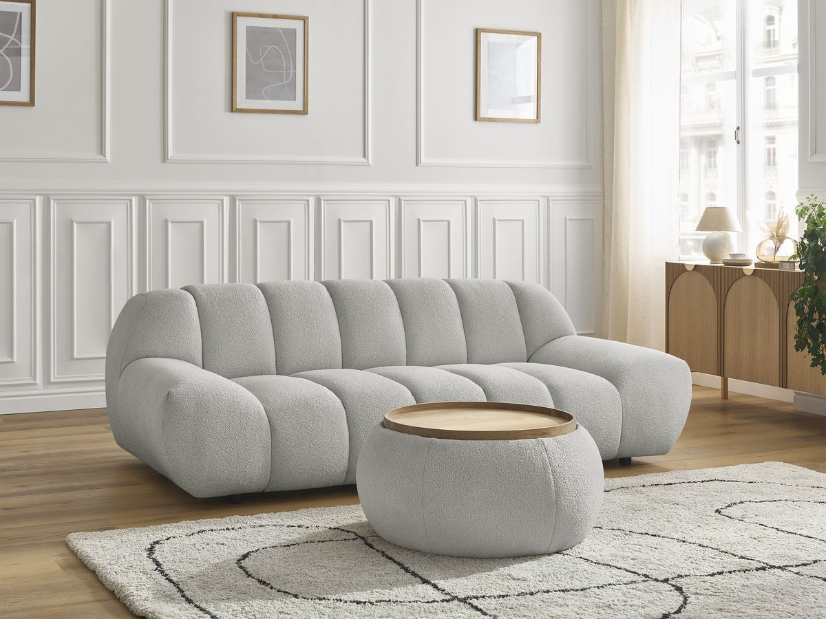 Bobochic Hayden Sofa 2-Sitzer mit Pouf Bouclé-Stoff Hellgrau