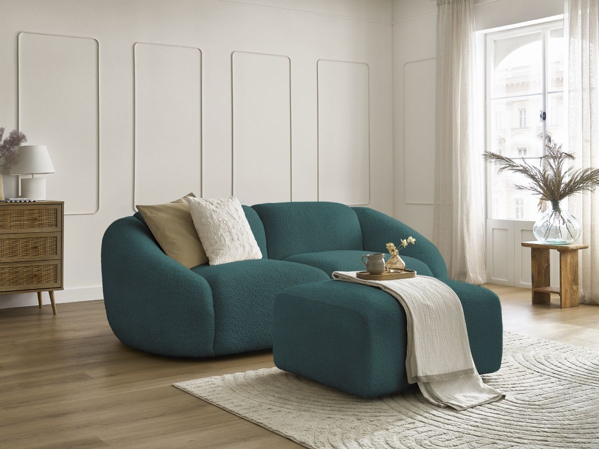 Bobochic Tina Sofa 3-Sitzer mit Pouf Bouclé-Stoff Hellblau