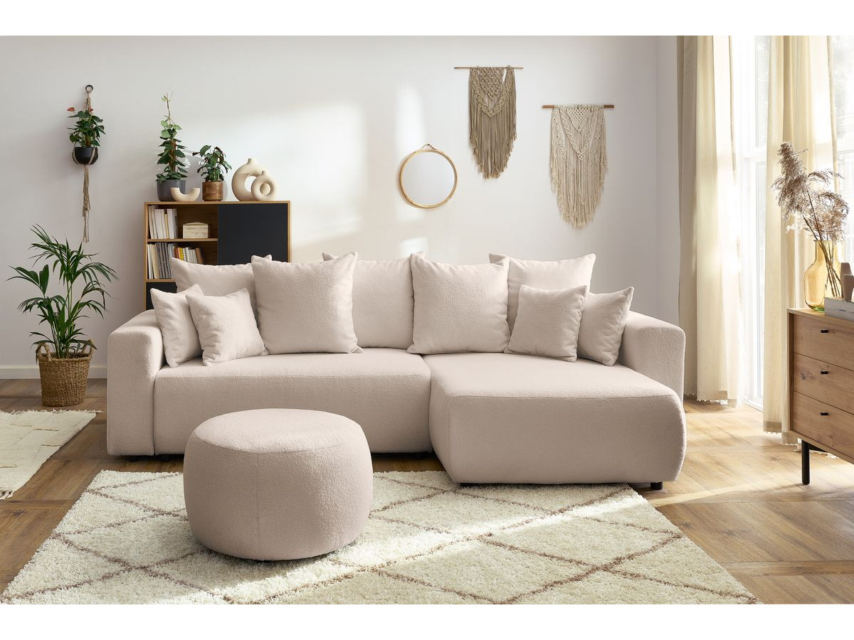 Bobochic Envy Ecksofa mit Schlaffunktion und Bettkasten und rundem Pouf Bouclé-Stoff Beige