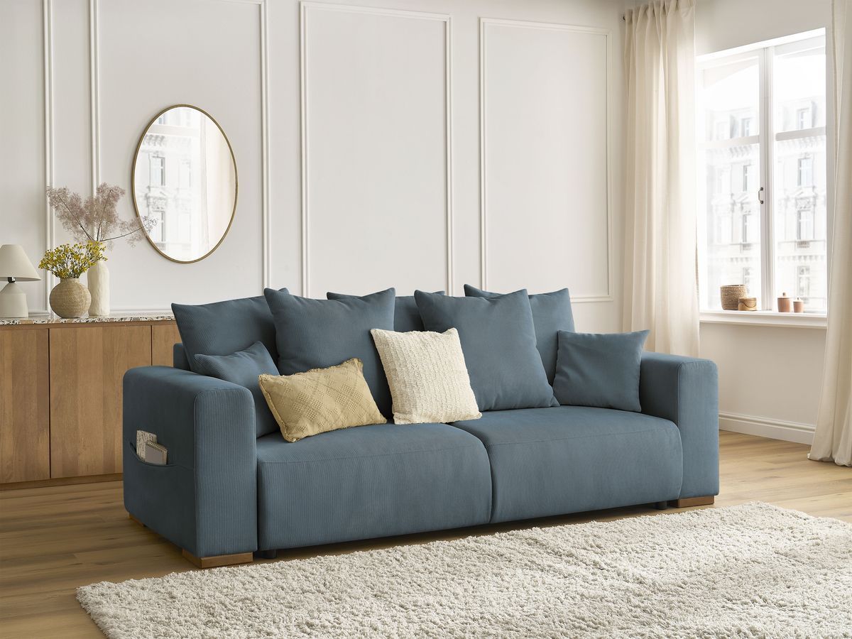Bobochic Sidonie Schlafsofa 3-Sitzer mit Bettkasten Cordsamt Dunkelblau