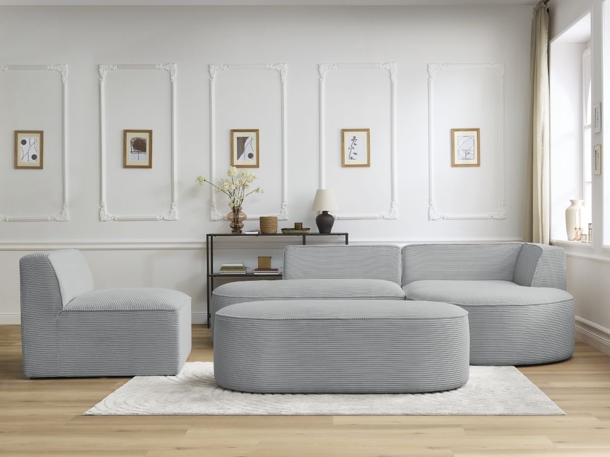 Bobochic Rousseau Ecksofa mit Sofamodul und Pouf Cordsamt Hellgrau Ecke rechts
