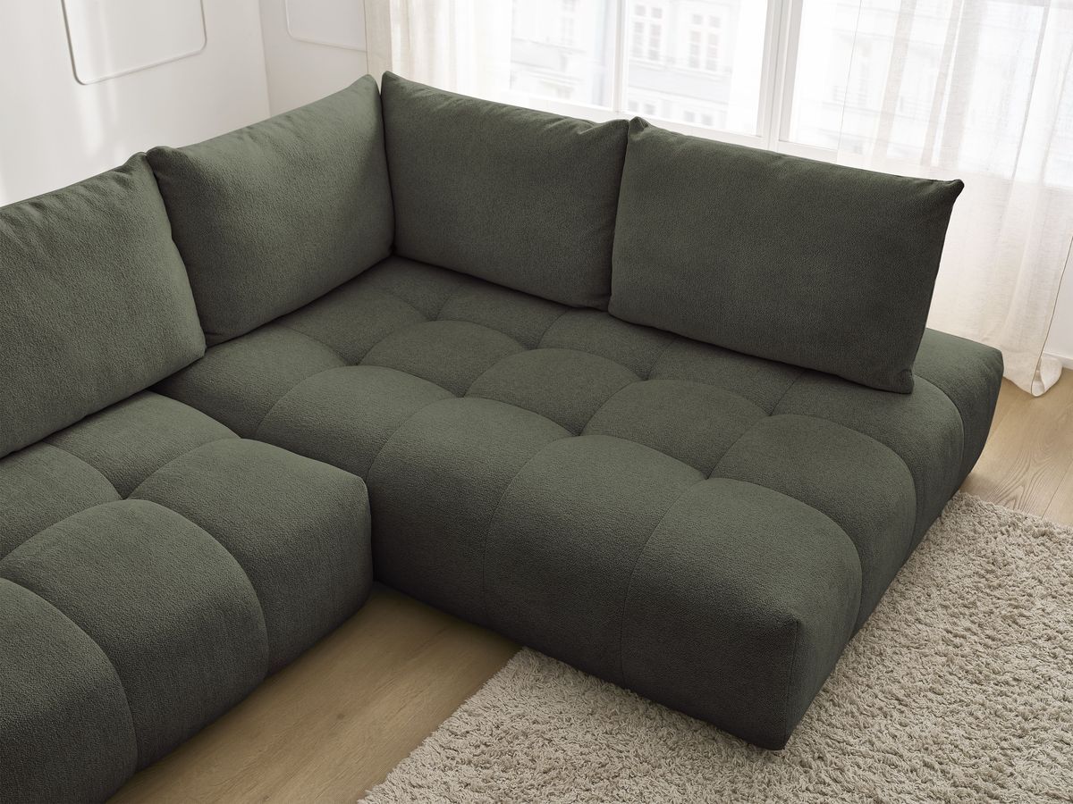 Bobochic Everest Ecksofa mit Schlaffunktion und Bettkasten 320 × 212 cm, 5 Kissen Melange-Stoff Grün Ecke rechts