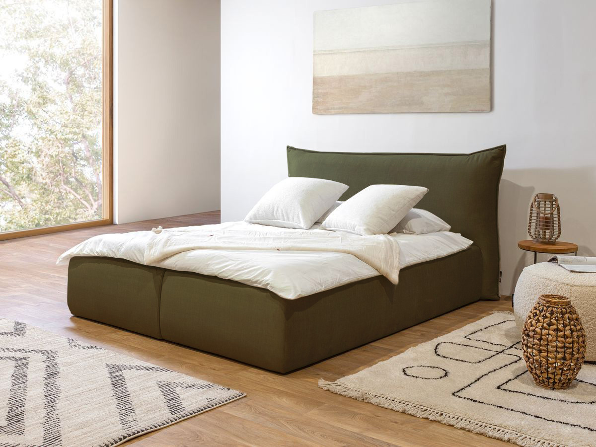 Bobochic Jade Polsterbett mit Bettkasten Stoff Grün, Liegefläche 140 × 190 cm