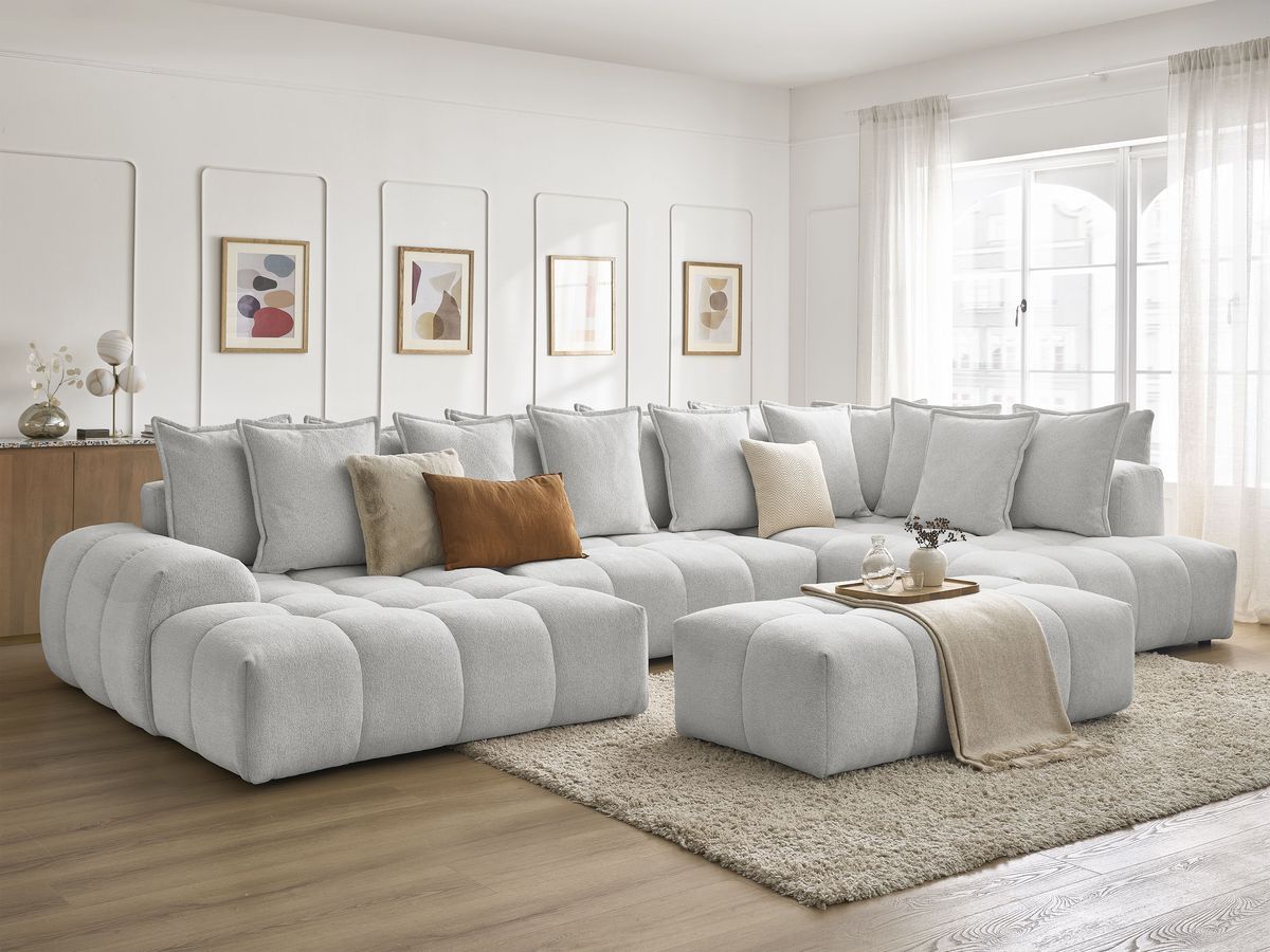 Bobochic Everest Wohnlandschaft mit Pouf, 14 Kissen Melange-Stoff Hellgrau Ecke links