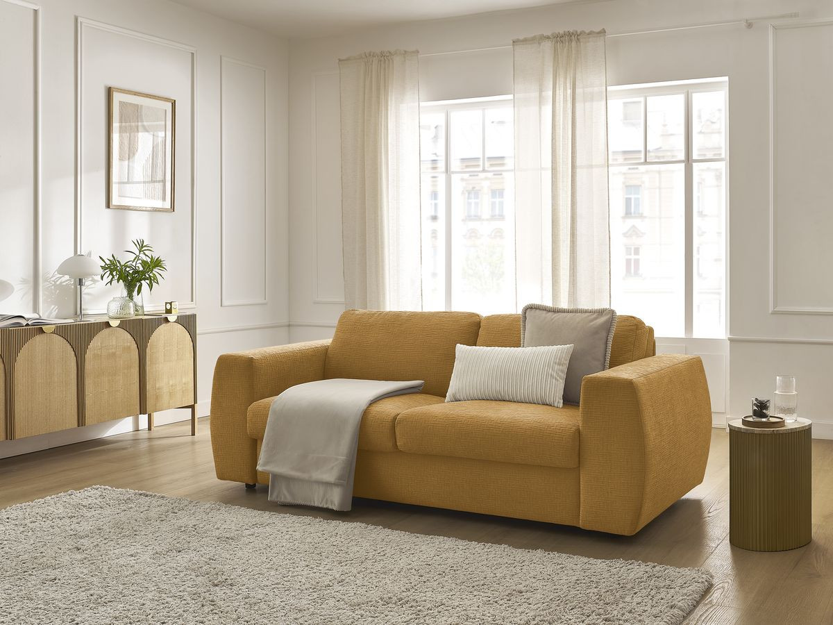 Bobochic Hugo Schlafsofa 3-Sitzer Strukturstoff Gelb, Liegefläche 160 × 190 cm