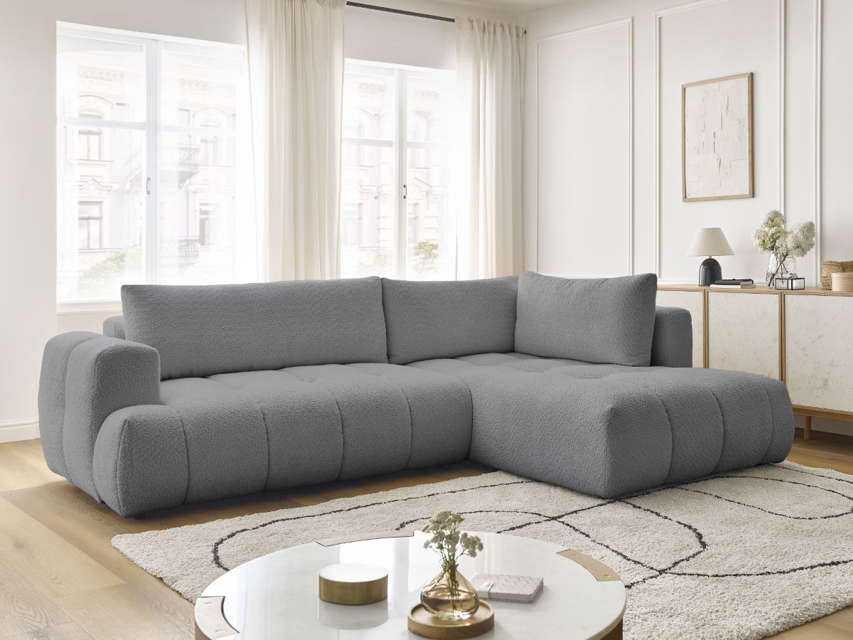 Bobochic Fuji Ecksofa mit Schlaffunktion und Bettkasten 282 × 204 cm Bouclé-Stoff Dunkelgrau Ecke rechts