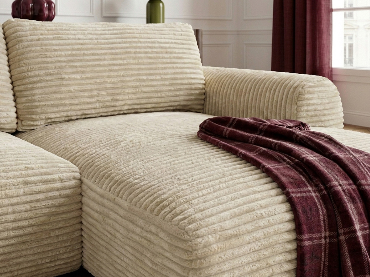 Bobochic Lucien Ecksofa mit Schlaffunktion und Bettkasten Breitcord weich Beige Ecke rechts