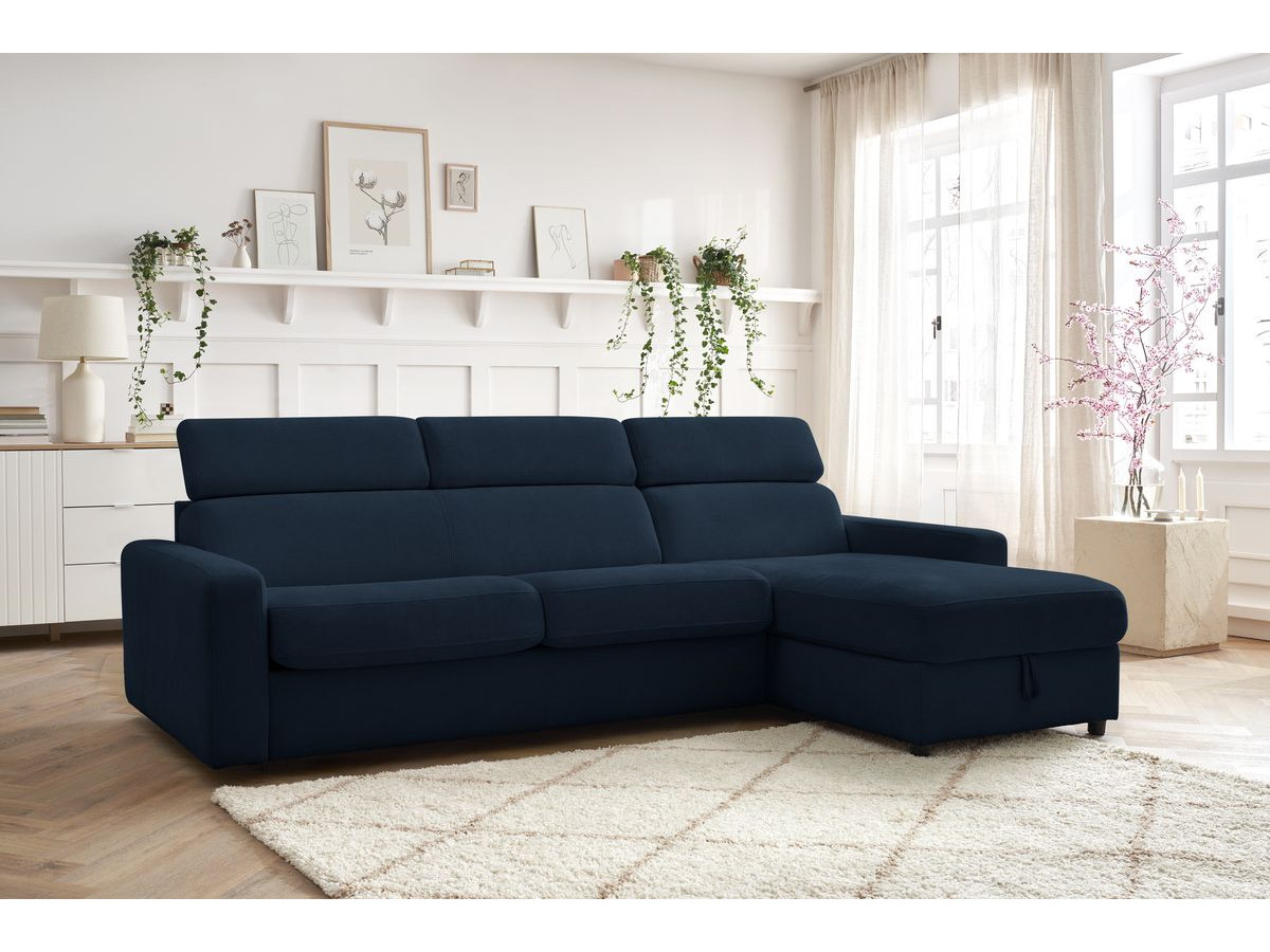 Bobochic Monaco Ecksofa mit Schlaffunktion und Bettkasten Stoff Dunkelblau, Liegefläche 160 × 190 cm