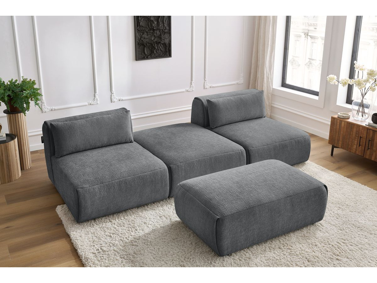 Bobochic Jeanne Sofa 4-Sitzer mit Pouf Strukturstoff Dunkelgrau