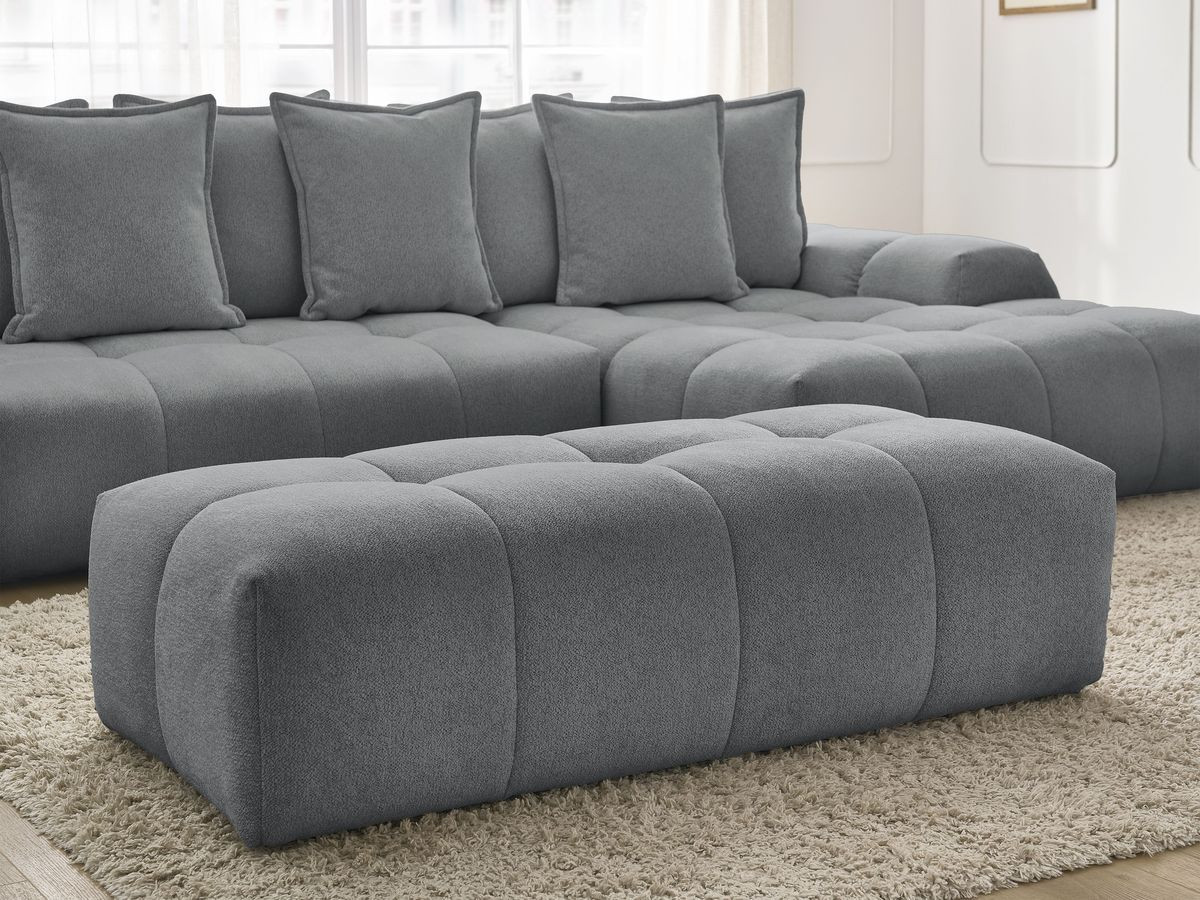Bobochic Everest Ecksofa mit Schlaffunktion und Bettkasten und Pouf 318 × 180 cm, 7 Kissen Melange-Stoff Dunkelgrau Ecke rechts
