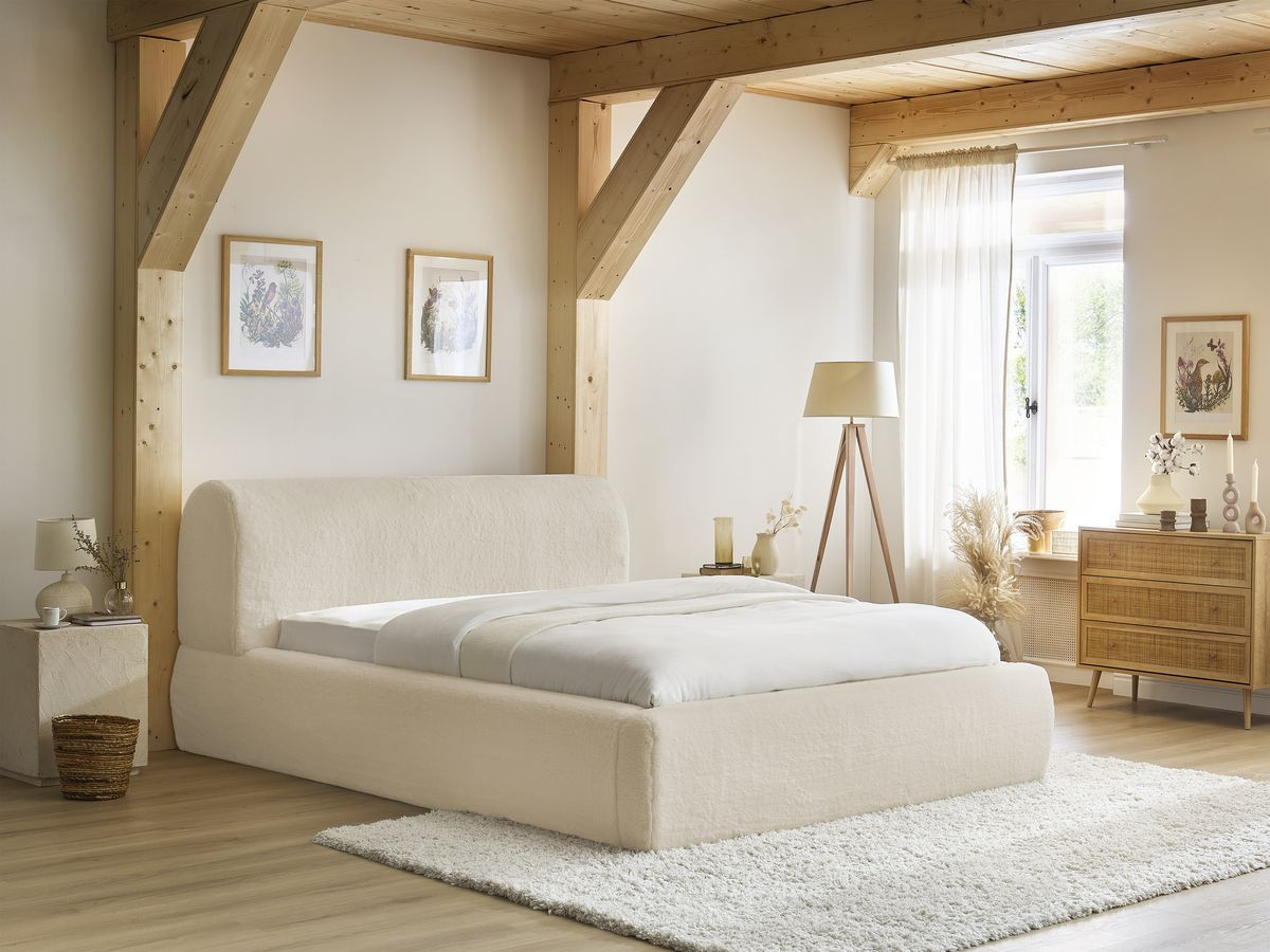 Bobochic Cervin Polsterbett mit Bettkasten Kunstfell Creme