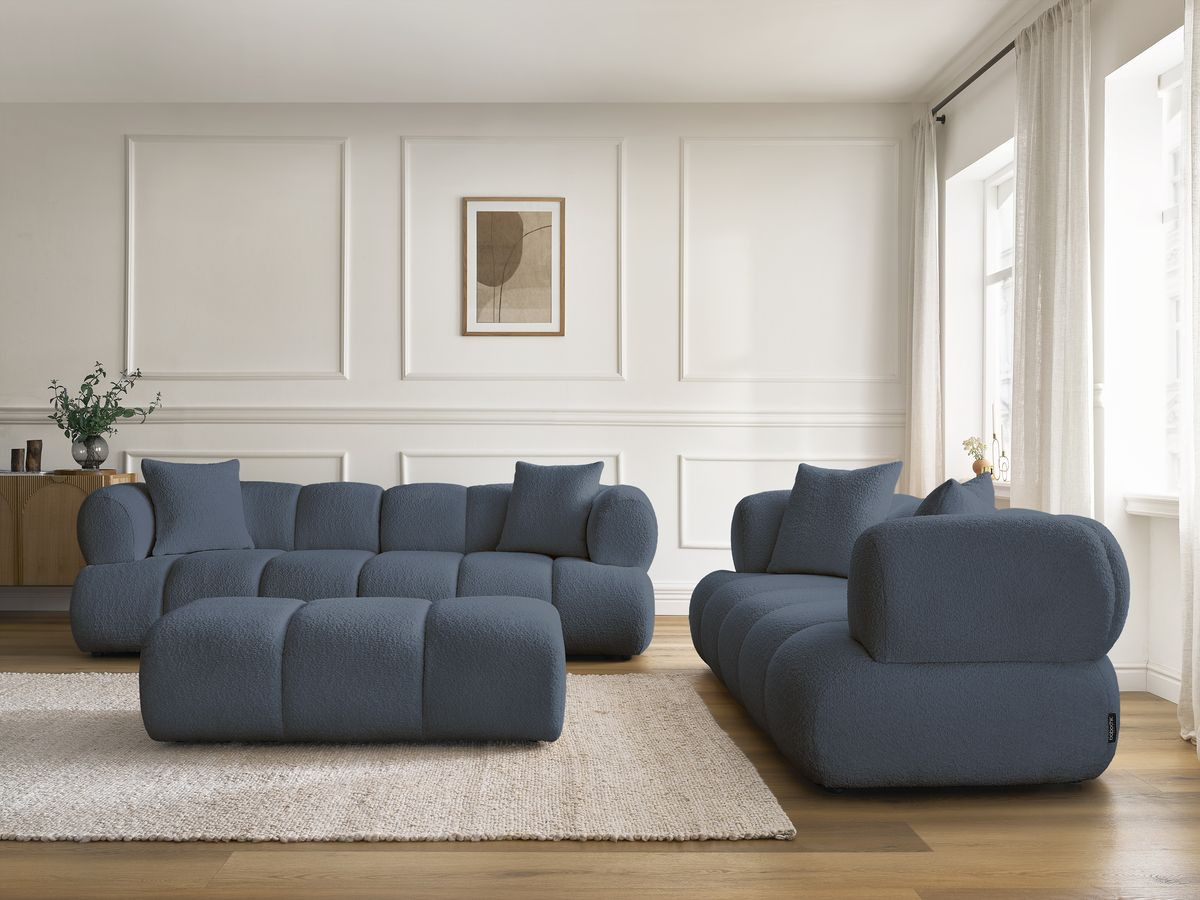 Bobochic Pamira Sofa 5-Sitzer mit Pouf Bouclé-Stoff Dunkelblau