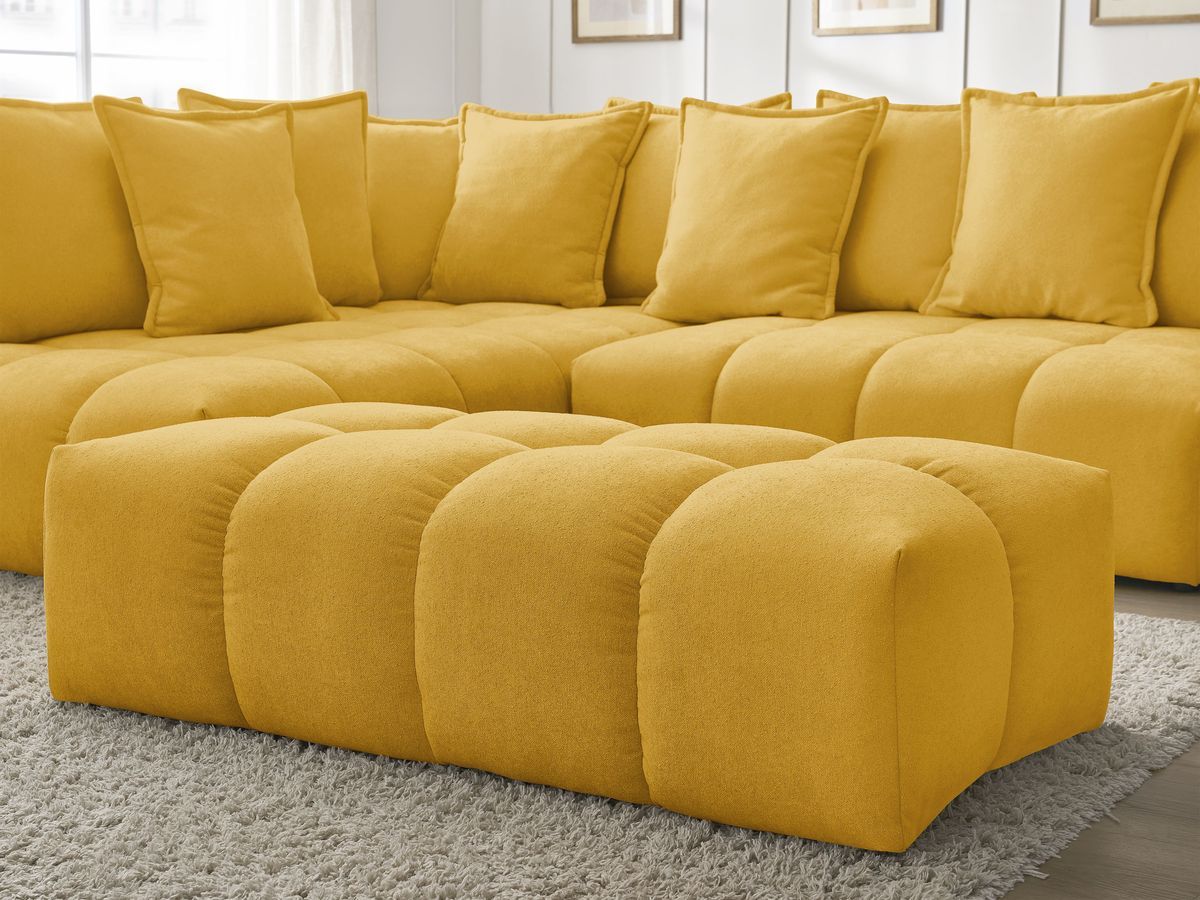 Bobochic Everest Ecksofa mit Schlaffunktion und Bettkasten und Pouf 320 × 212 cm, 10 Kissen Strukturstoff Gelb Ecke links