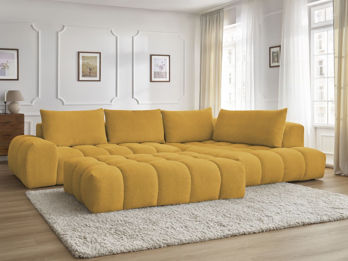 Bobochic Everest Ecksofa mit Schlaffunktion und Pouf, 4 Kissen Melange-Stoff Gelb Ecke rechts