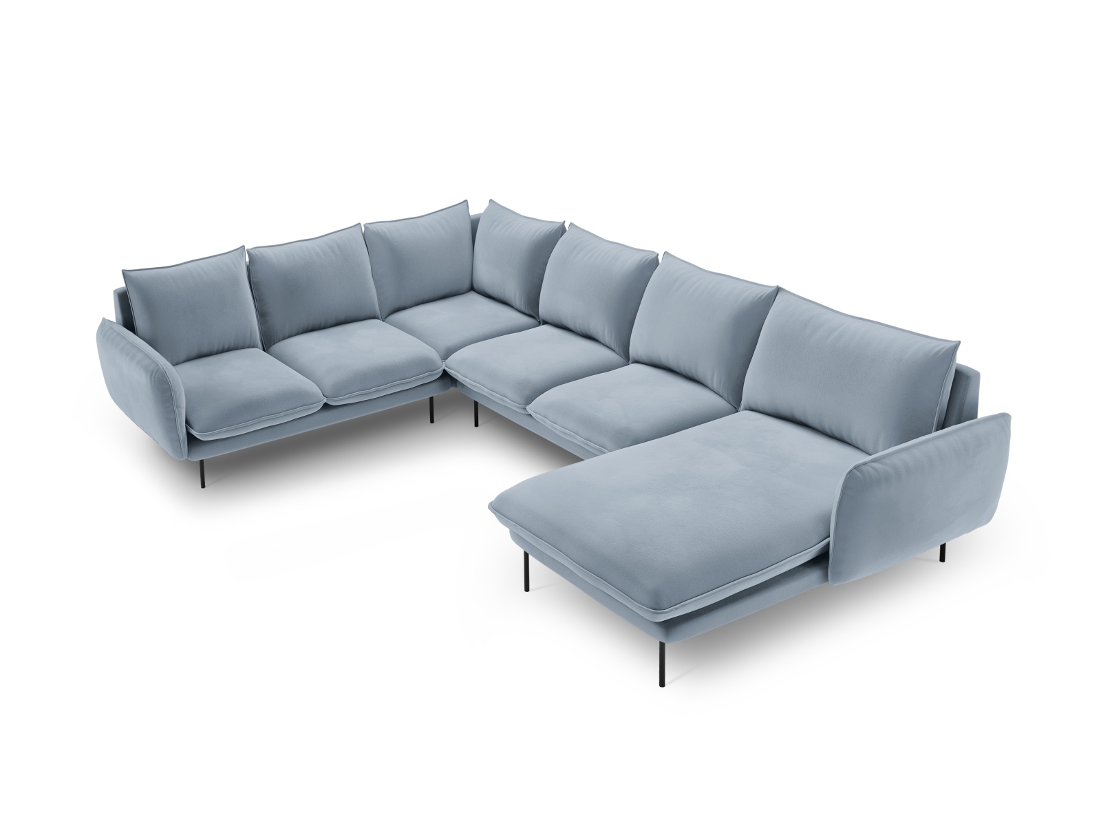 Cosmopolitan Design Panoramasofa Vienna 7-Sitzer Samt Bluvel Hellblau Links Beine Schwarzes Metall