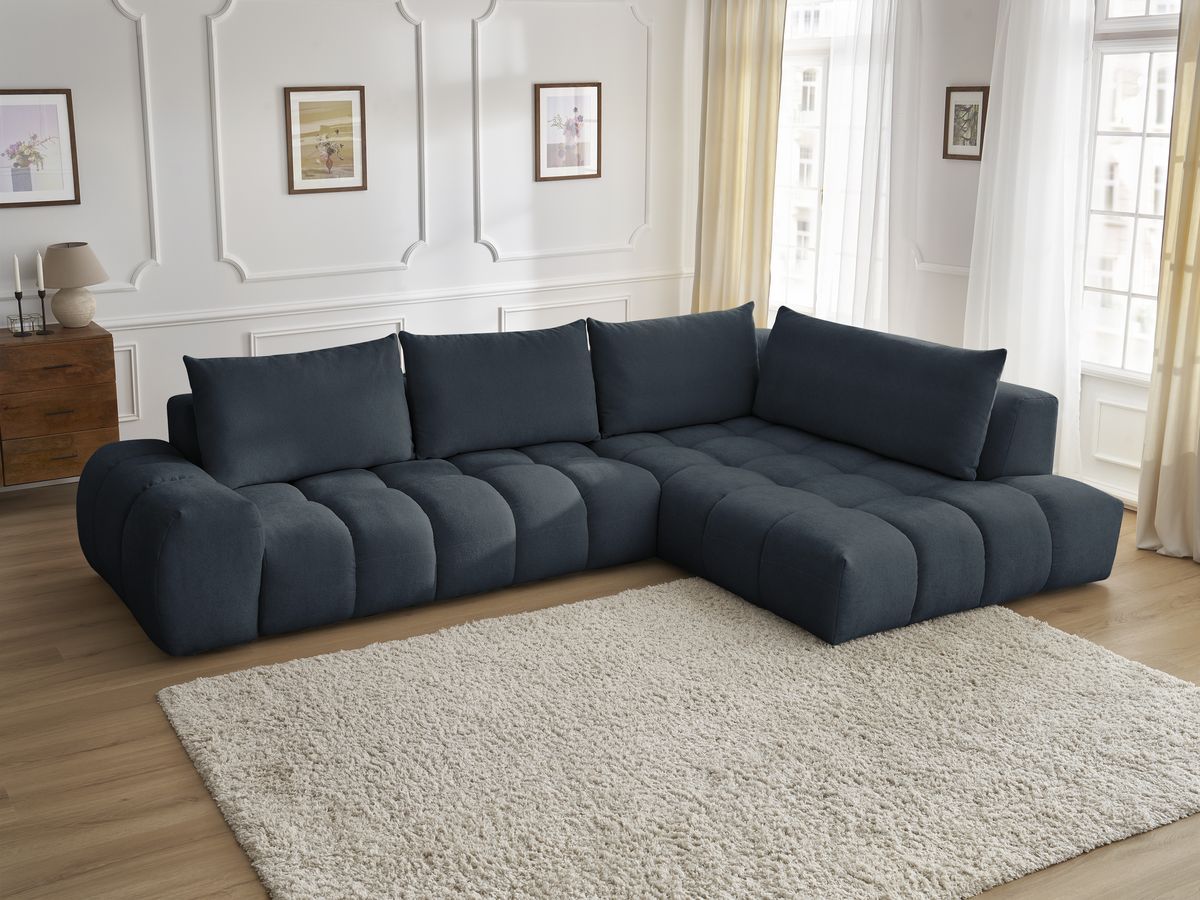 Bobochic Everest Ecksofa, 4 Kissen Strukturstoff Dunkelblau Ecke rechts