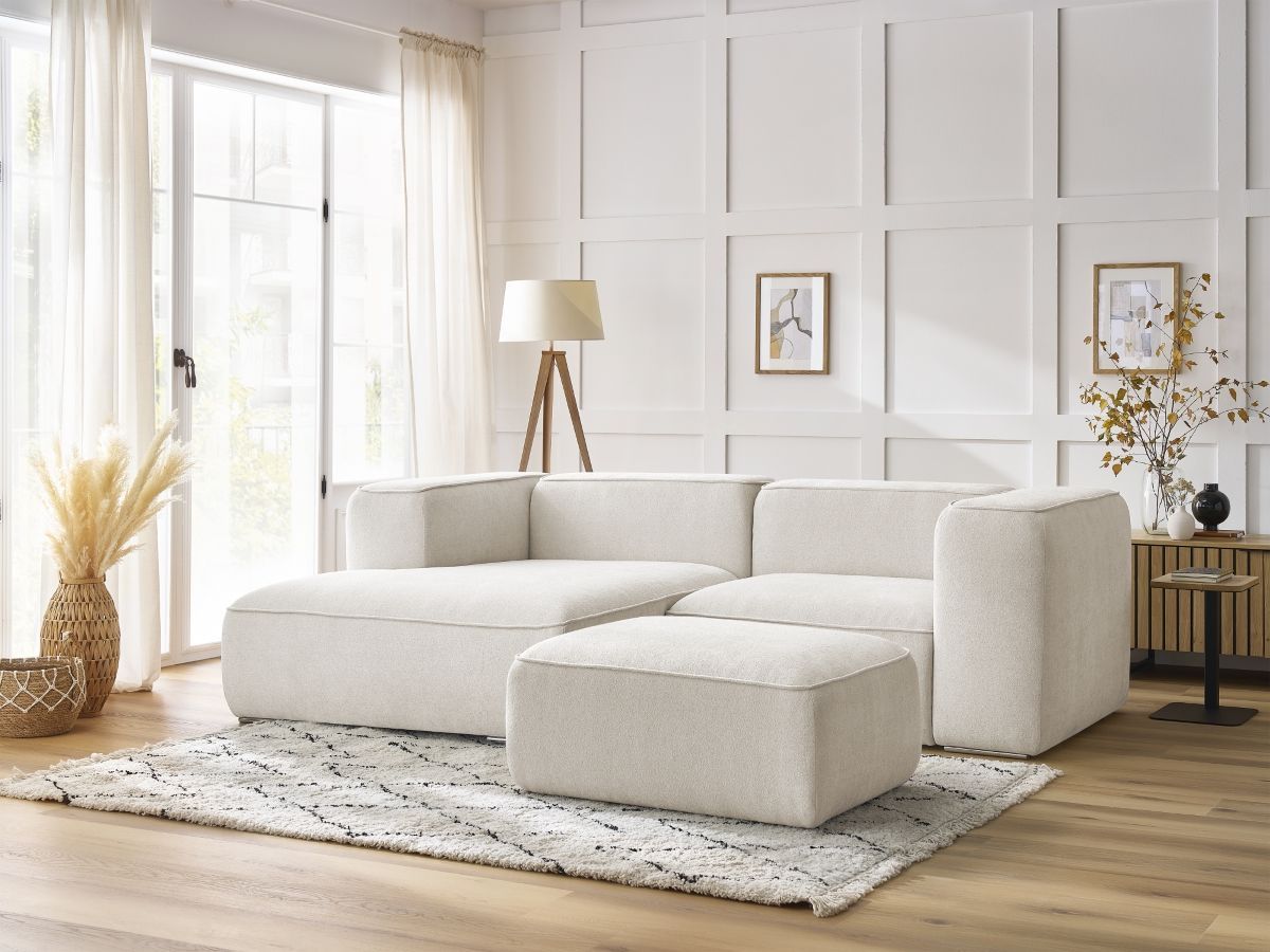 Bobochic Zephyr Ecksofa mit Pouf 260 × 165 cm Strukturstoff Weiß Ecke links