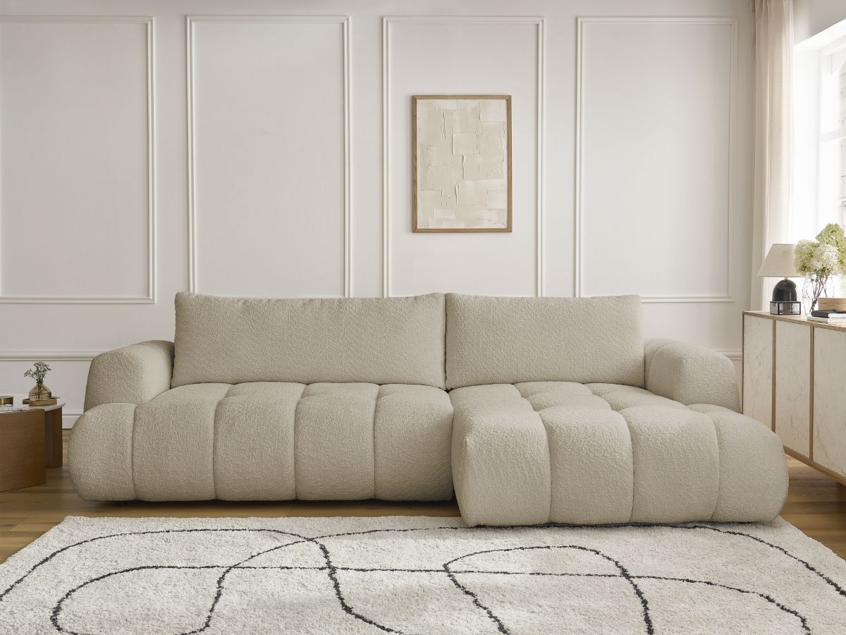 Bobochic Fuji Ecksofa mit Schlaffunktion und Bettkasten 292 × 160 cm Bouclé-Stoff Beige Ecke rechts