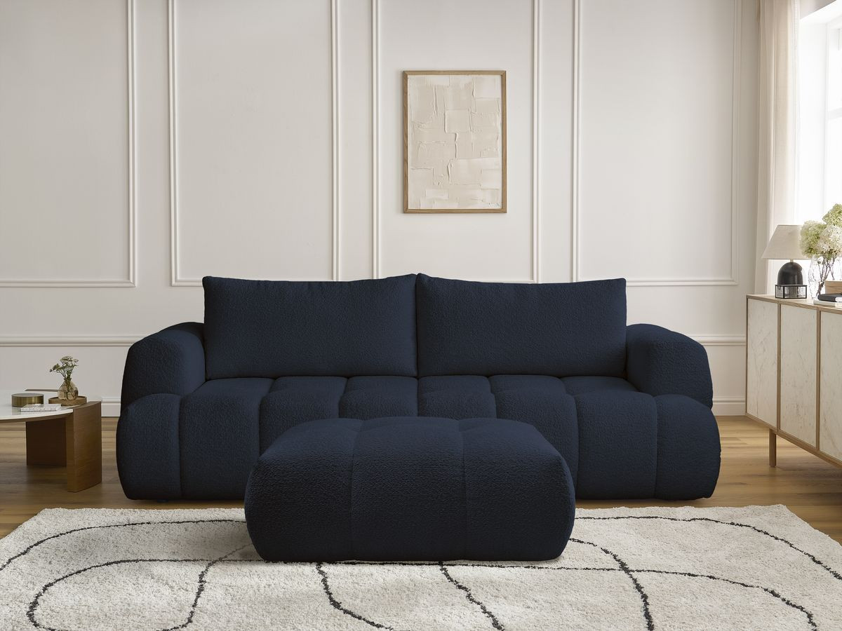 Bobochic Fuji Schlafsofa 3-Sitzer mit Bettkasten und Pouf Bouclé-Stoff Dunkelblau