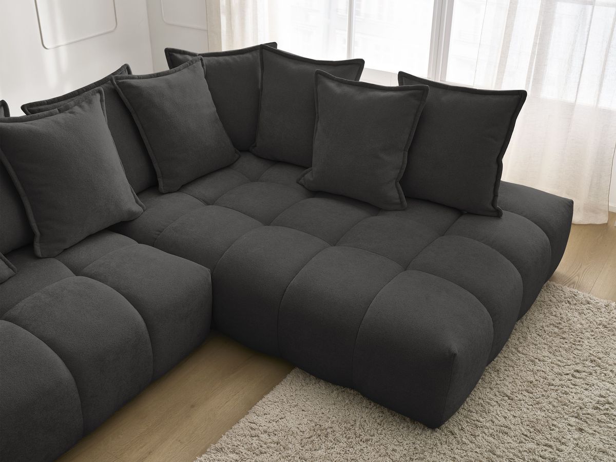 Bobochic Everest Ecksofa mit Schlaffunktion und Bettkasten 320 × 212 cm, 10 Kissen Strukturstoff Schwarz Ecke rechts