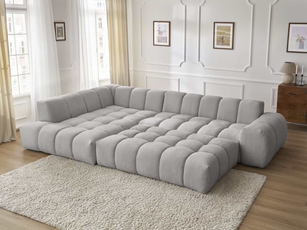 Bobochic Everest Ecksofa mit Schlaffunktion und Pouf, 10 Kissen Strukturstoff Hellgrau Ecke links