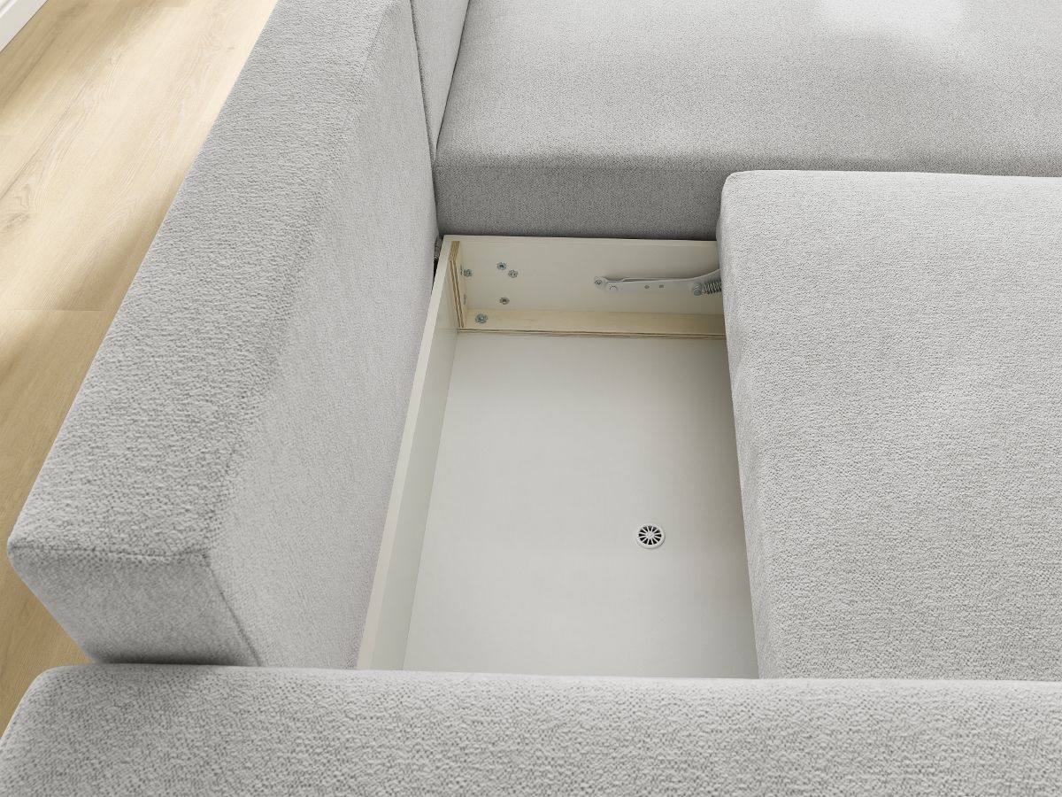 Bobochic Atilla Ecksofa mit Schlaffunktion und Bettkasten Melange-Stoff Hellgrau Ecke rechts