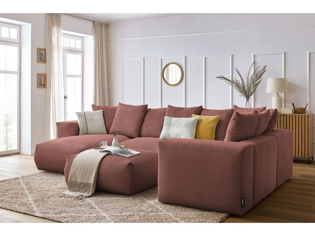 Bobochic Voltaire Wohnlandschaft mit Pouf 356 × 214 cm Cordsamt Rosa Ecke links