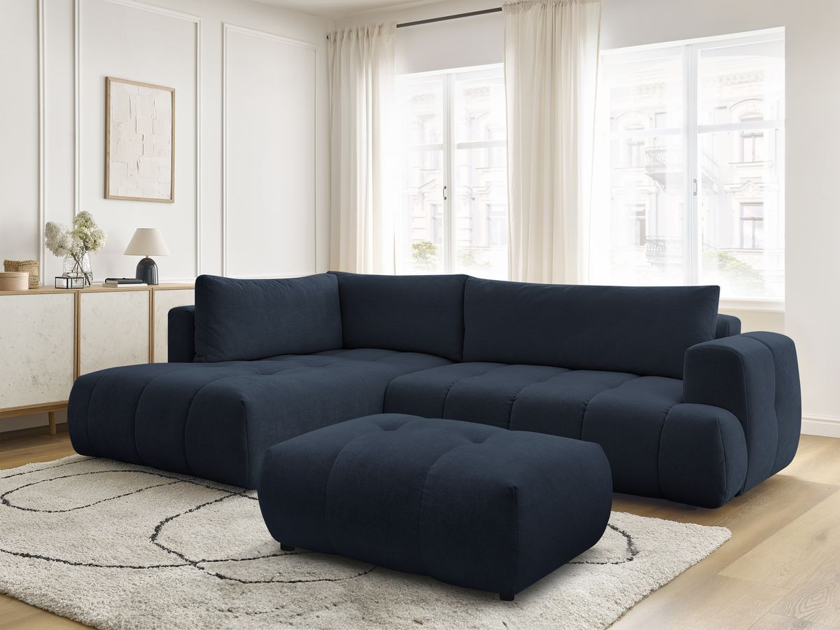 Bobochic Fuji Ecksofa mit Schlaffunktion und Bettkasten und Pouf 282 × 204 cm Stoff Dunkelblau Ecke links