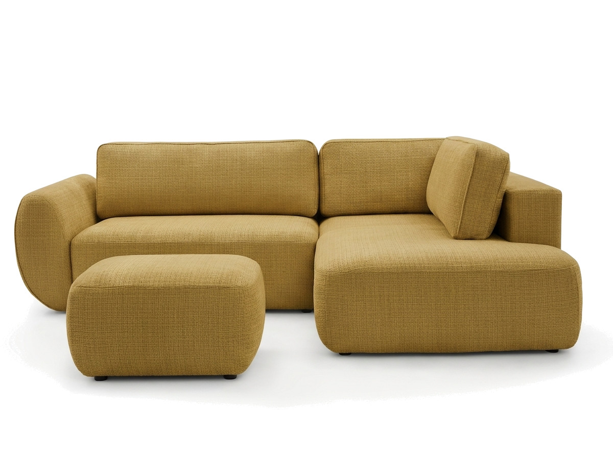 Bobochic Denise Ecksofa mit Schlaffunktion und Bettkasten und Pouf 256 × 197 cm Strukturstoff Gelb Ecke rechts